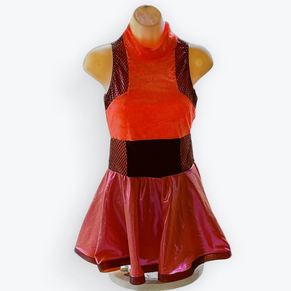 Skater Festival Dance Crushed Velvet Neon Orange & Black Dress W/ Shorts~Size MA